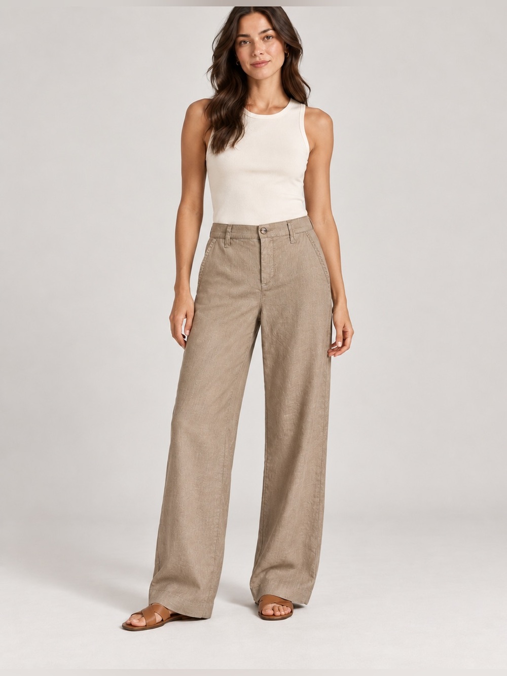 Level 99 Tan Linen Lyocell Flat Front Wide Leg Trousers Size 26